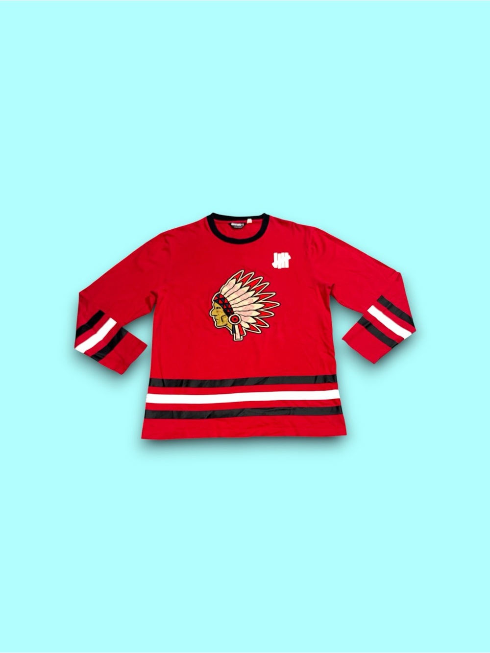 Undefeated Embroidered Striped Red Native American Hockey Jersey Men's XL